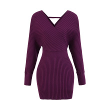 一字肩长袖V领针织裙女气质收腰显瘦包臀裙V领竖坑条长袖连衣裙