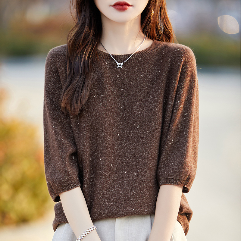春夏怠惰金豆紗100純毛半袖女性高級セーターtシャツ洋気気質コウモリ五分袖|undefined