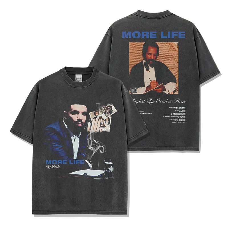 Cross-border American hip-hop DRAKE MORE printed washed short-sleeved T-shirt round neck loose hooded sweater wholesale Cross-border American hip-hop DRAKE MORE printed washed short-sleeved T-shirt round neck loose hooded sweater wholesale