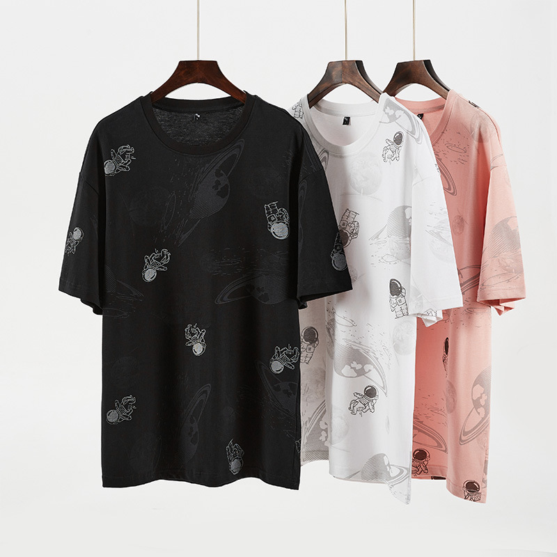 Cross-Border Live Broadcast 2025 New Tops Summer Trend Casual Short-Sleeved T-Shirt Simple Astronaut American Style
