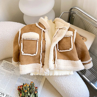 Girls' Coat Autumn and Winter New Jacket 2024 Girls' Fur fleece-lined Thickened Children's Western Style Round Neck Coat