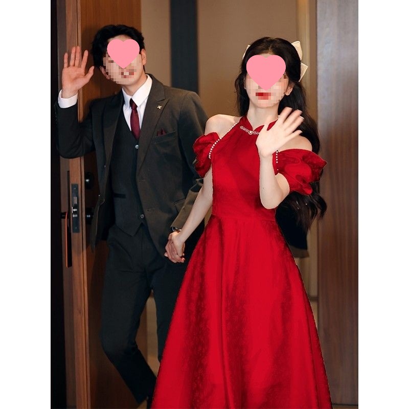 Pregnant Women's New Chinese Style Halterneck Dress Red Large Size Engagement Dress Wedding Dressing Gown Fat Dress Toast Dress Bride