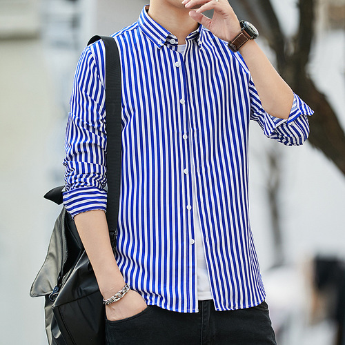 Men's Spring and Autumn Long-Sleeve White Business Casual Professional Wedding Best Man Shirt Black and Blue Base Short-Sleeve Inch