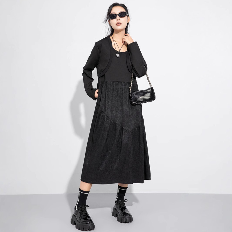 High-grade Fake Two-piece Long-sleeved dress Women's Autumn New Belly Covering plus size Loose Stitching Elegant Over-the-knee Long Dress High-grade Fake Two-piece Long-sleeved dress Women's Autumn New Belly Covering plus size Loose Stitching Elegant Over-the-knee Long Dress