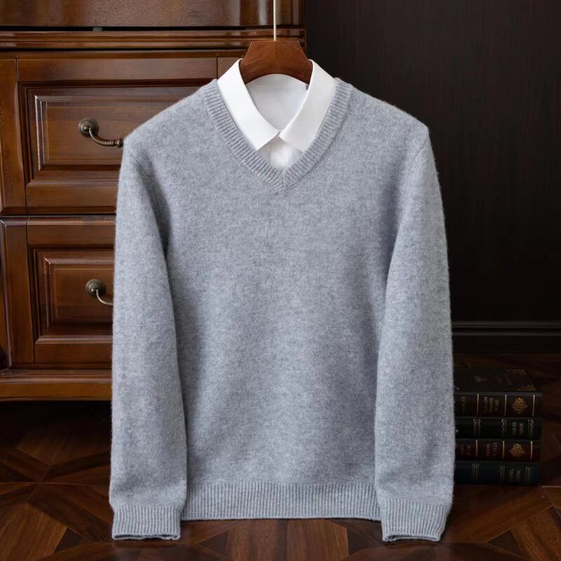 Men's 100 Sweater V-neck Pullover Solid Color Long Sleeve Knitted Sweater Autumn and Winter New Loose Casual Base Shirt