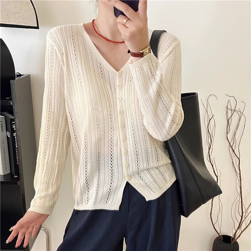 Fresh and Simple Knitted Cardigan for Women, Autumn 2026 New Style, Loose Fit, Thin Hollow-Out Top, Short Sweater Jacket