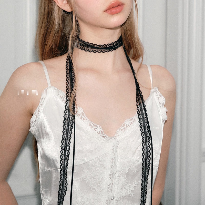 Stacked and Laminated Design Lace Ribbon Thin Narrow Women's Spring and Summer All-match Collarbone Neck Belt Silk Scarf Necklace