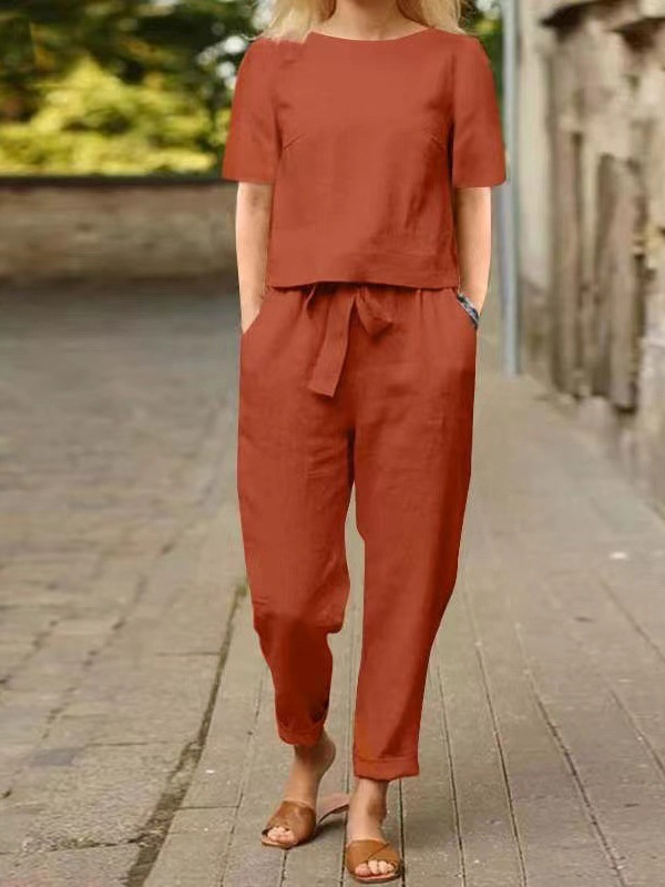 2025 Cross-Border Women's Cotton and Linen Summer Outfit Set, Half-Sleeve O-Neck Oversized Blouse and Wide-Leg Pants, Vintage Two-Piece Set 2025 Cross-Border Women's Cotton and Linen Summer Outfit Set, Half-Sleeve O-Neck Oversized Blouse and Wide-Leg Pants, Vintage Two-Piece Set