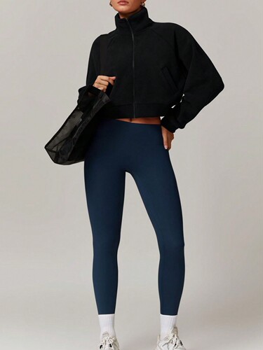 Autumn and winter temperament stand-neck sports coat, long-sleeved, figure-fitting, all-matching, polar velvet large pockets, loose casual top
