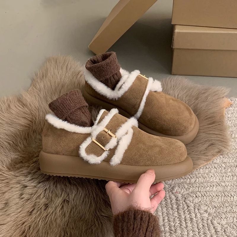 厚底勃肯鞋女2024新款秋冬季加绒平底豆豆女鞋美拉德博肯毛毛棉鞋