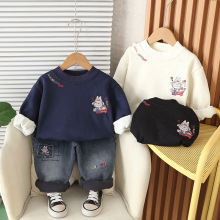 婴儿衣服秋冬季小童加绒小兔刺绣卫衣帅气潮酷套装一岁男宝宝冬装