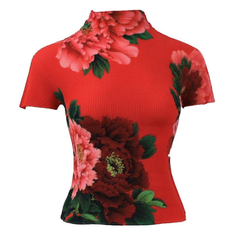Plisado superior de las mujeres de manga corta estilo occidental slim fit adelgazamiento primavera y verano nuevo estilo Sanzhai apretado cuello alto temperamento camiseta de las mujeres delgadas