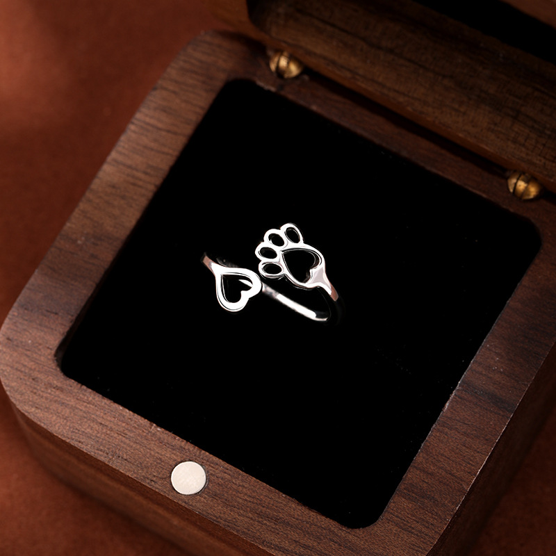 TEMU transfronterizo Amazon 925 plata esterlina hueco garra de gato impresa huella de perro anillo de dedos de cola abierto anillo de articulación femenina