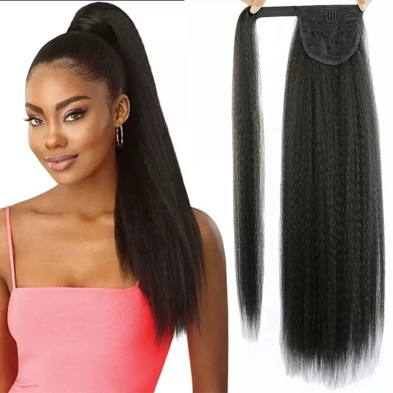 Cheveux synthétiques fibre synthétique soie haute température crépus droite queue de cheval Velcro 22 pouces_voghion.com