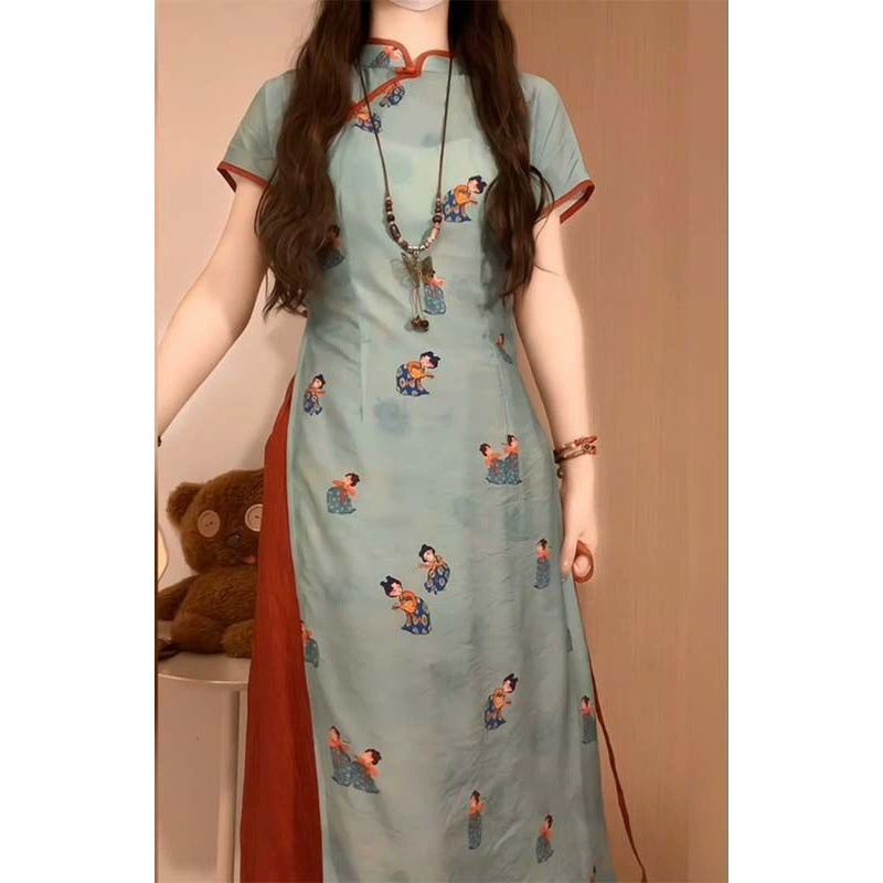 Большой размер толстый мм синий принт династии Тан улучшенный чонсам новое платье в китайском стиле женский летний новый национальный стиль набор из двух частей