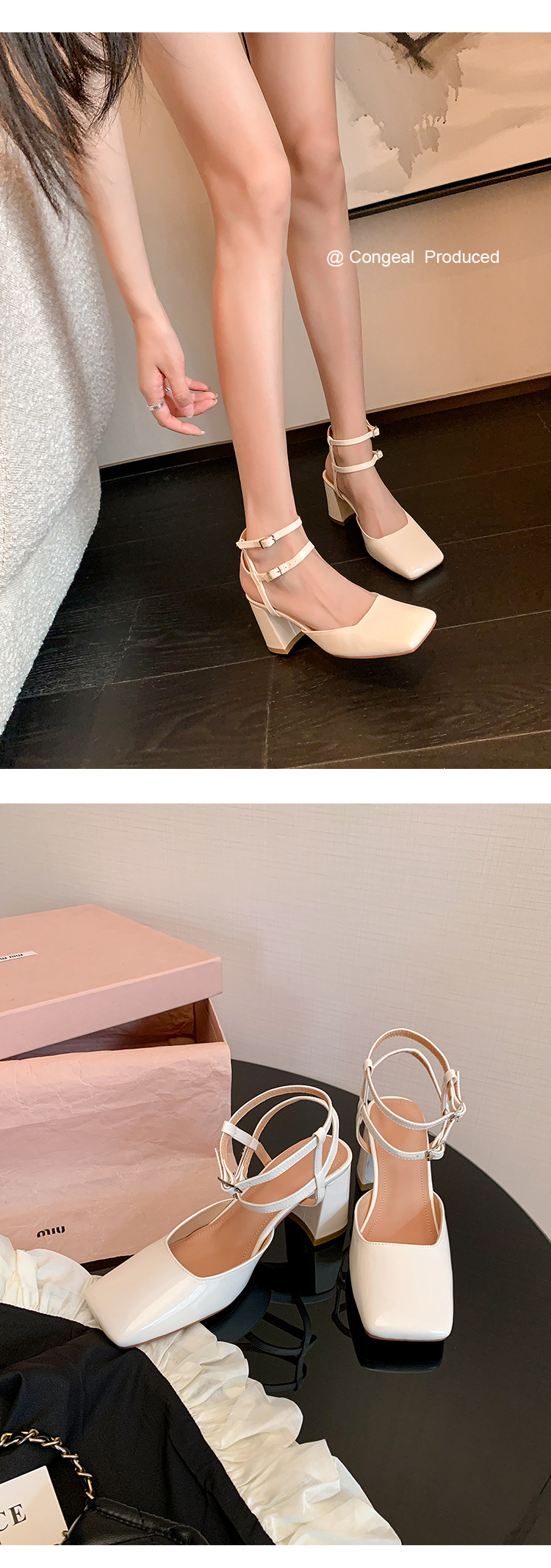 Giày sandal cao gót nữ mũi vuông bít mũi quai ngang gót thô da thật — Màu đen chi tiết 25