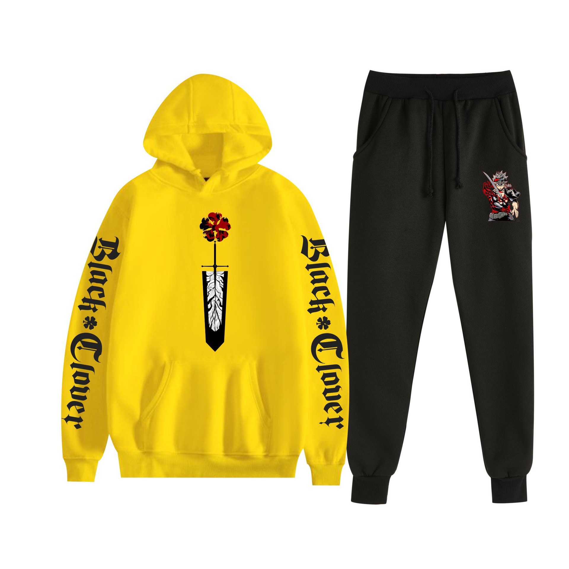 Trébol de cuatro hojas negro nuevo estilo transfronterizo Black Clover pareja suéter con capucha hombres y mujeres pantalones de dos piezas