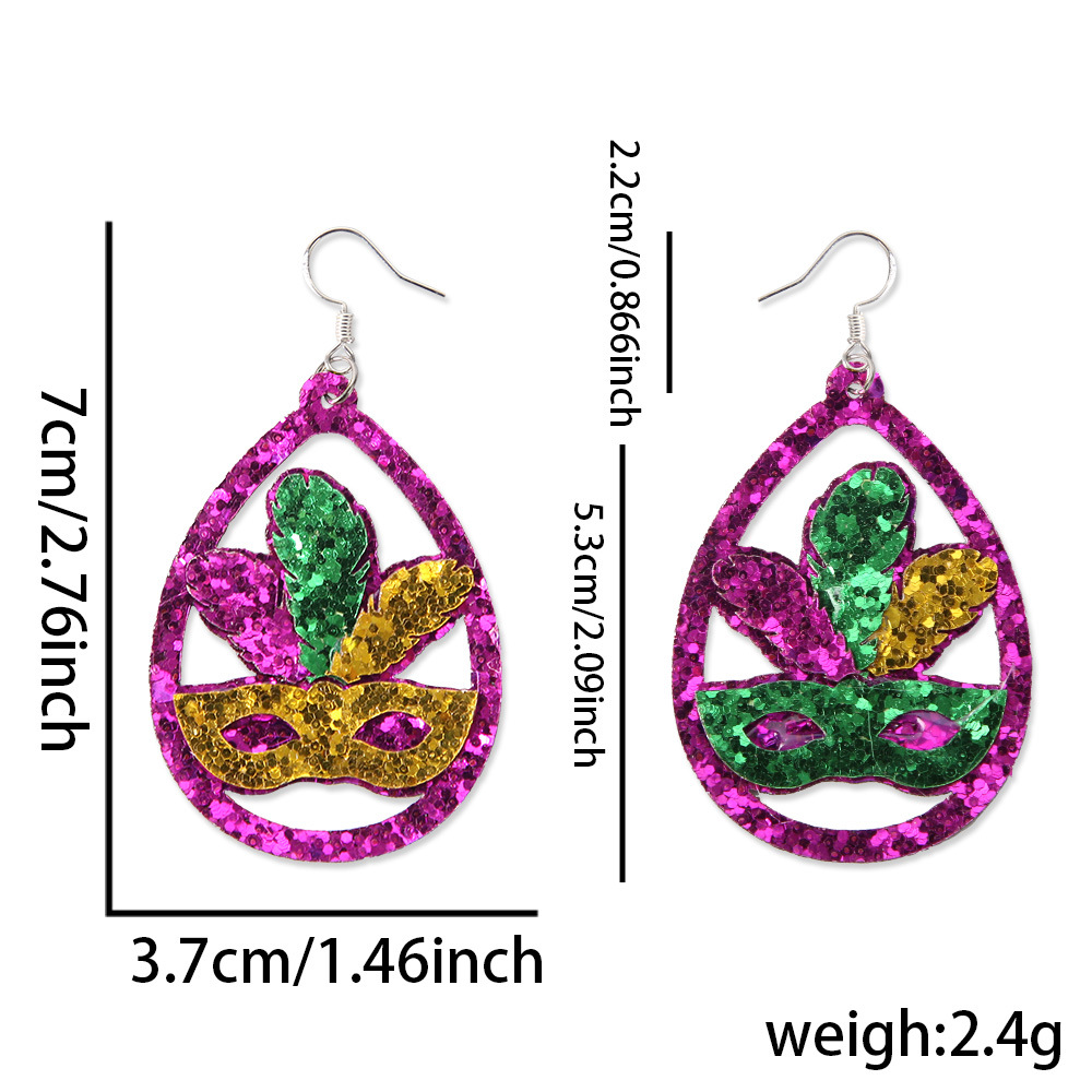 Carnaval de doble cara pendientes de sequillas máscara de oro roxo verde iris adornos de orejas pendientes de letras de Mardi Gras joyas
