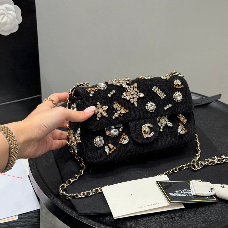 Chanel-Style Full Diamond Bag, Small Square Cf with Gold Ball Embellishments, European and American Fashion New Model, Single Shoulder Crossbody Bag for Women, Tweed Material