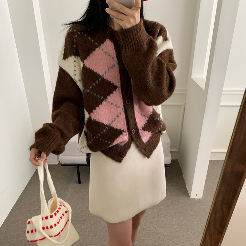 慵懒风菱形格撞色针织衫外套女2025秋冬新款高级感针织衫上衣女|undefined