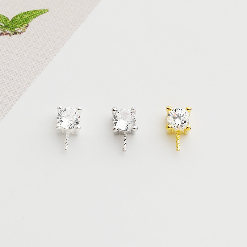 S925純銀戴妃款珍珠扣鑲鑽吊墜扣DIY項鍊圓珠空托粘盤珠托吊墜托