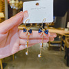 Asymmetrical long earrings from pearl, Korean style, flowered, cat's eye