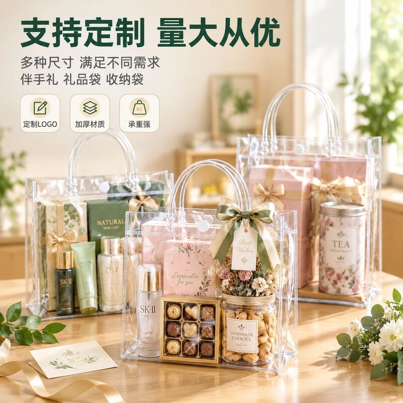 In-stock transparent PVC tote bags, shopping bags for malls, gift bags, custom-made birthday and wedding favor bags, and custom-designed candy bags In-stock transparent PVC tote bags, shopping bags for malls, gift bags, custom-made birthday and wedding favor bags, and custom-designed candy bags