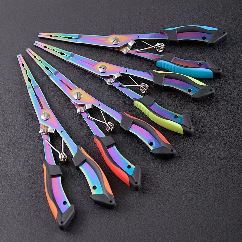 Pointed-nose straight-type fishing pliers, hook remover pliers, fishing line cutter, multi-functional fishing pliers made of colored titanium steel