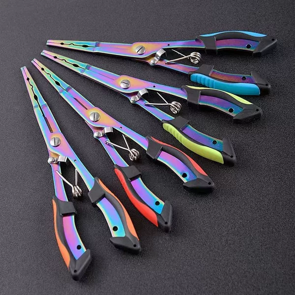 Pointed-nose straight-type fishing pliers, hook remover pliers, fishing line cutter, multi-functional fishing pliers made of colored titanium steel