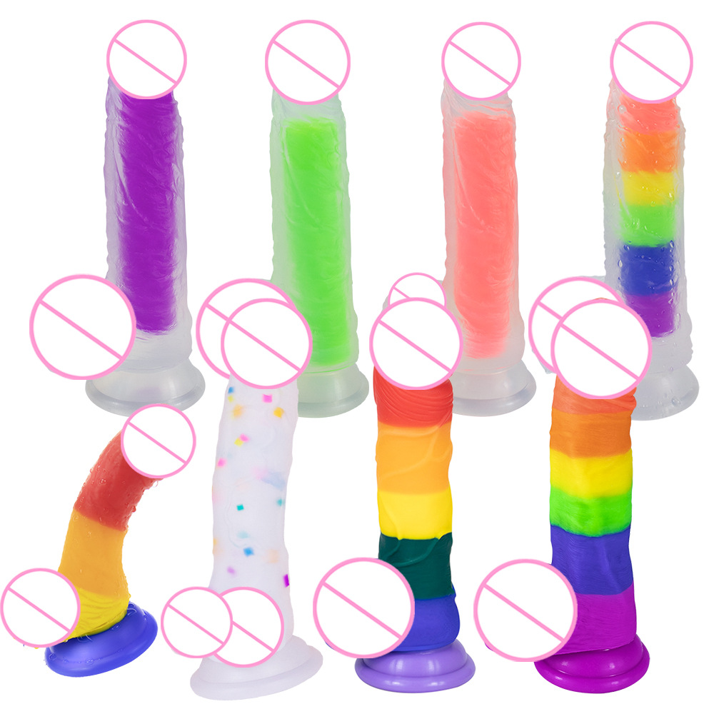 果冻硅胶彩色彩虹阳具液态多层色彩透明水晶仿真阳具成人用外贸