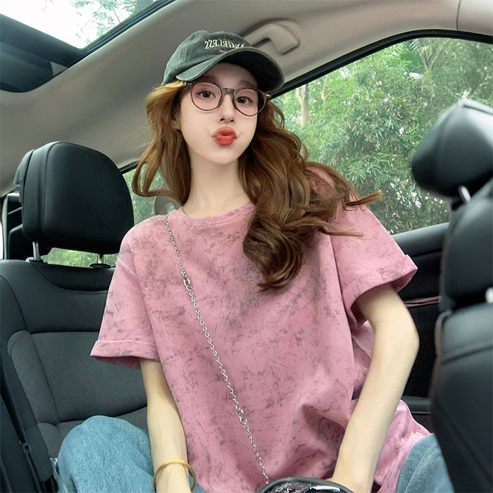 Sweet Style Beautiful Tie-Dye Design Short-sleeved T-shirt Women's 2025 Explosions Guofeng Splash Ink High-end Slimming Top Ins