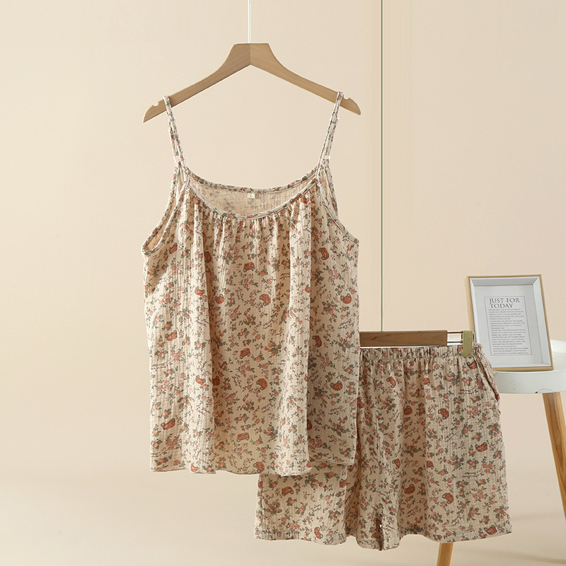 Crepe Cotton Cotton Yarn Printing Multicolor Women Summer Sling Short Sleeve Shorts suit Home Clothes Pajamas Manufacturers