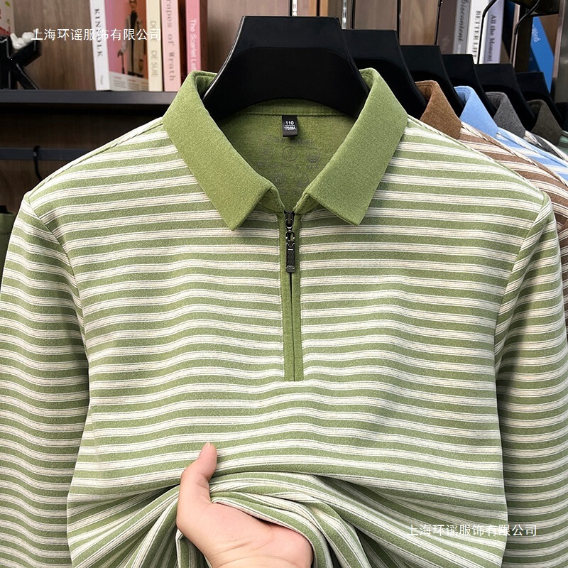 Men's striped long-sleeved shirt with mulberry silk and wool, suitable for spring and autumn, with a half-zip design, versatile and casual, in black