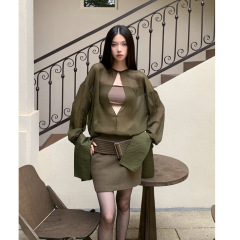 现货绿色透明设计感衬衫+高腰短款半身裙套装女秋新款两件套