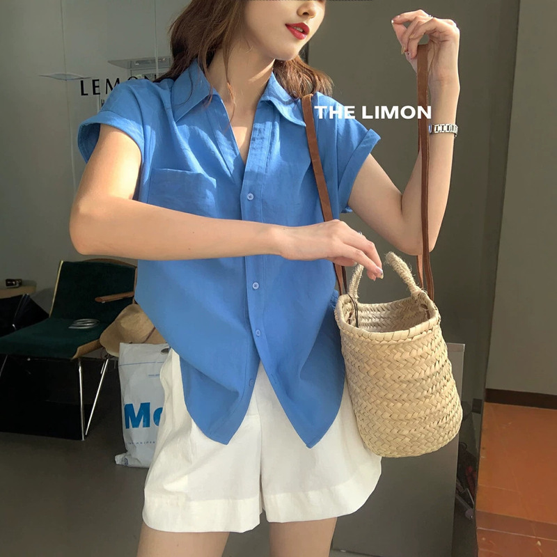 2026 Summer New Versatile Short-Sleeve Shirt for Petite Women, Fashionable Korean Style Flutter Sleeve Polo Collar Top A12137 2026 Summer New Versatile Short-Sleeve Shirt for Petite Women, Fashionable Korean Style Flutter Sleeve Polo Collar Top A12137