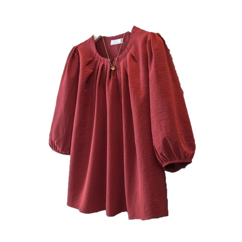 大きいサイズ韓国デザイン無地パフスリーブ Tシャツ女性のための 2025 春夏新作ルーズスリム七分袖トップ|undefined