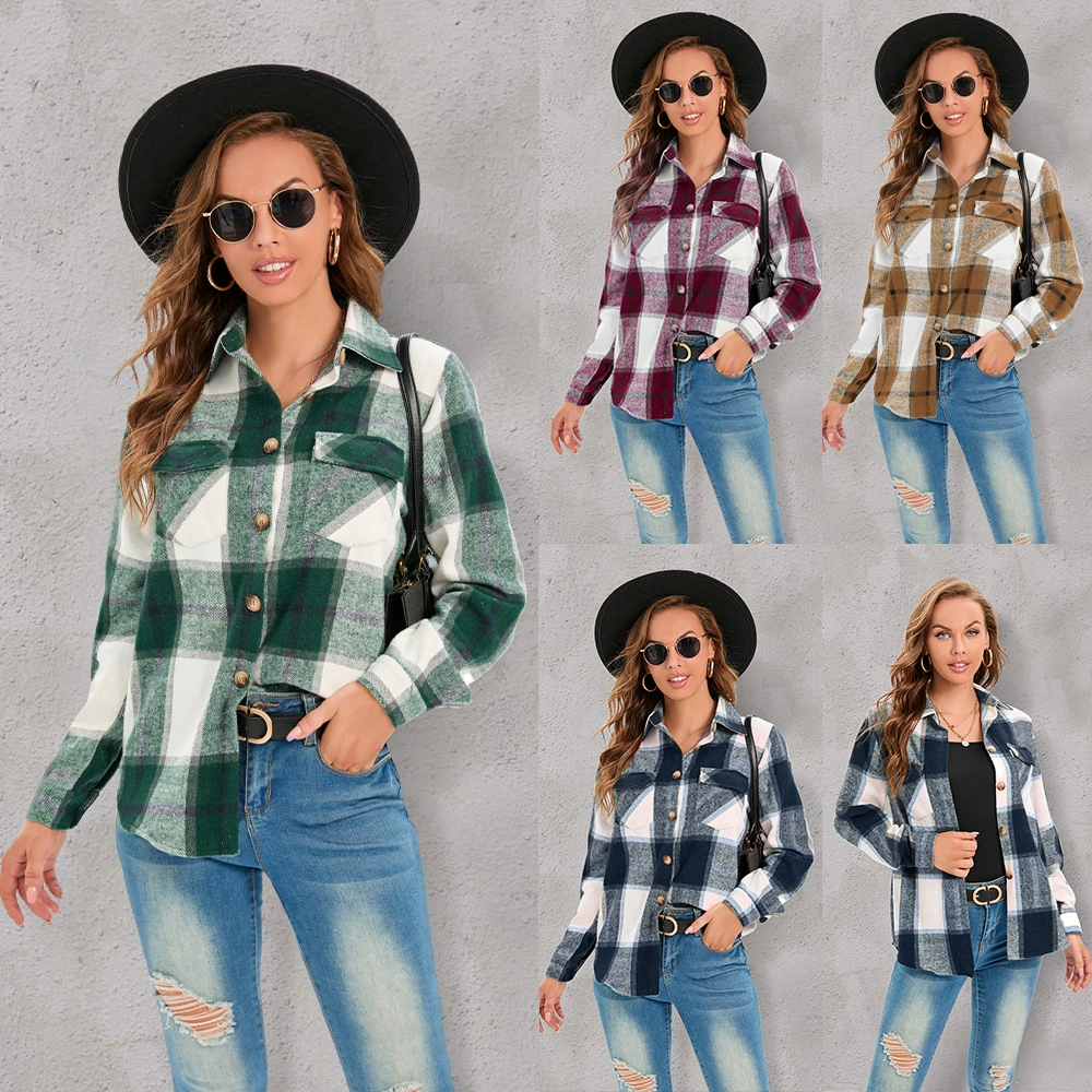Амазонка Европа и США Самые продаваемые Горячие плюс размер пальто с длинным рукавом новая клетчатая рубашка на пуговицах аккуратный цвет аккуратный размер Топ Женщины