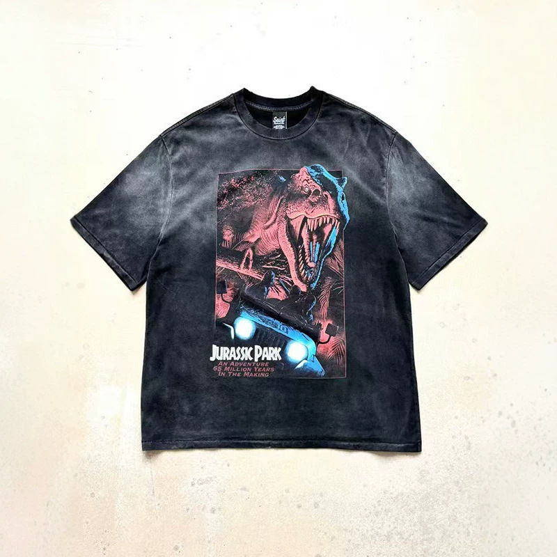Saint "Jurassic Park Jurassic Park" Limited Edition American-Style Washed and Distressed Short-Sleeved T-Shirt for Men Saint "Jurassic Park Jurassic Park" Limited Edition American-Style Washed and Distressed Short-Sleeved T-Shirt for Men