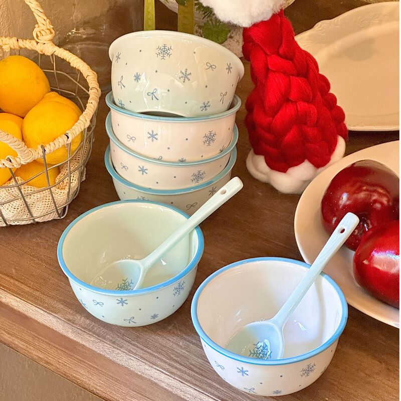 Super Romantic Snowflake Ins Style Cute Snowflake Ceramic Bowl Spoon Underglaze Color High-Value Tableware Rice Bowl Dessert Bowl