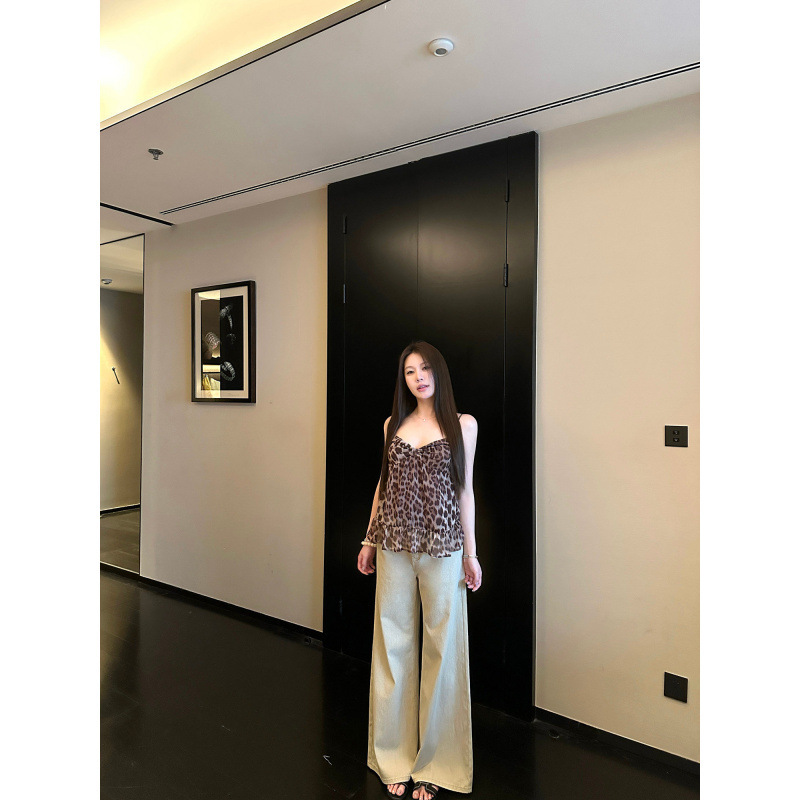 In-Stock Leopard Print Spaghetti Strap Lace Trim Slim-Fit Sexy Outerwear Tank Top for Women, Summer Thin Style, Hot Girl Style
