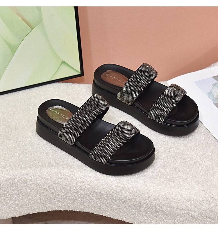 Dép sandal nữ quai ngang đế xuồng platform đính đá — Màu đen chi tiết 8