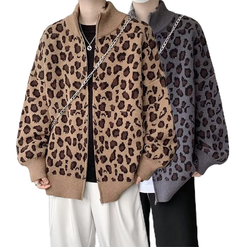 Explosiones transfronterizas de tamaño europeo de tamaño grande leopardo cardigán chaqueta jersey jersey hombre alto otoño invierno fábrica de suéter al por mayor