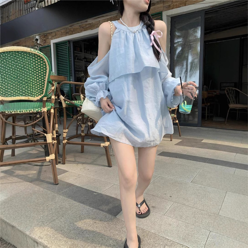 2024 Spring and Summer Wear suit Women's Shoulder Long-sleeved dress Autumn High Waist Casual Short Pants Two-piece Set 2024 Spring and Summer Wear suit Women's Shoulder Long-sleeved dress Autumn High Waist Casual Short Pants Two-piece Set