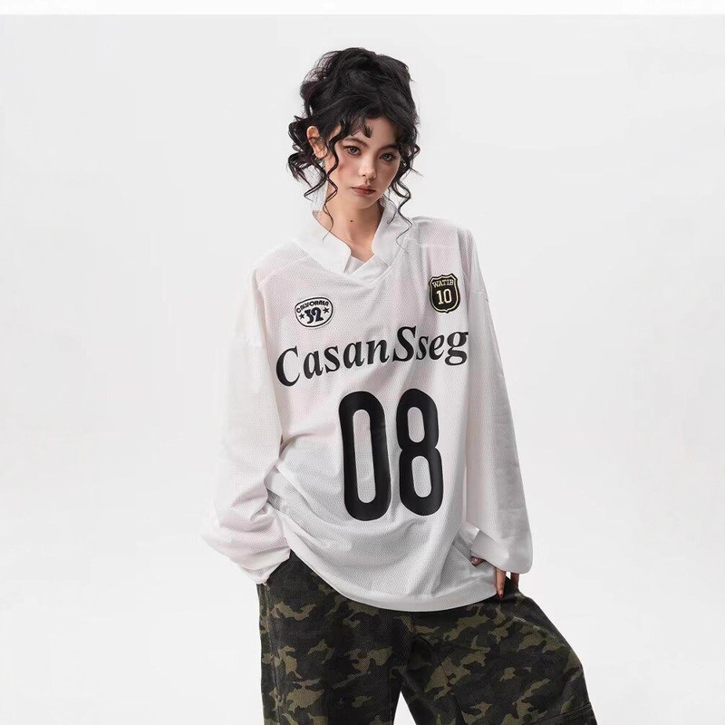 Street Sports Style Long-Sleeved Letter Printed T-Shirt for Women Autum New V Neck Sexy Pure Desire Loose Blouse Jersey