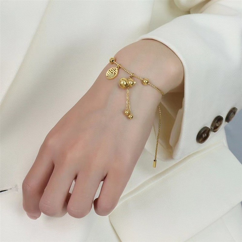 Trendy Chinese Ethnic Style Good Luck Gourd Fu Character Pull Bracelet Titanium Steel Plated 18K Gold Necklace Jewelry Set