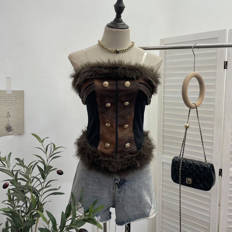 Real shot European and American leather tube top fur stitching pu leather strap waist slim short sleeveless top 2996