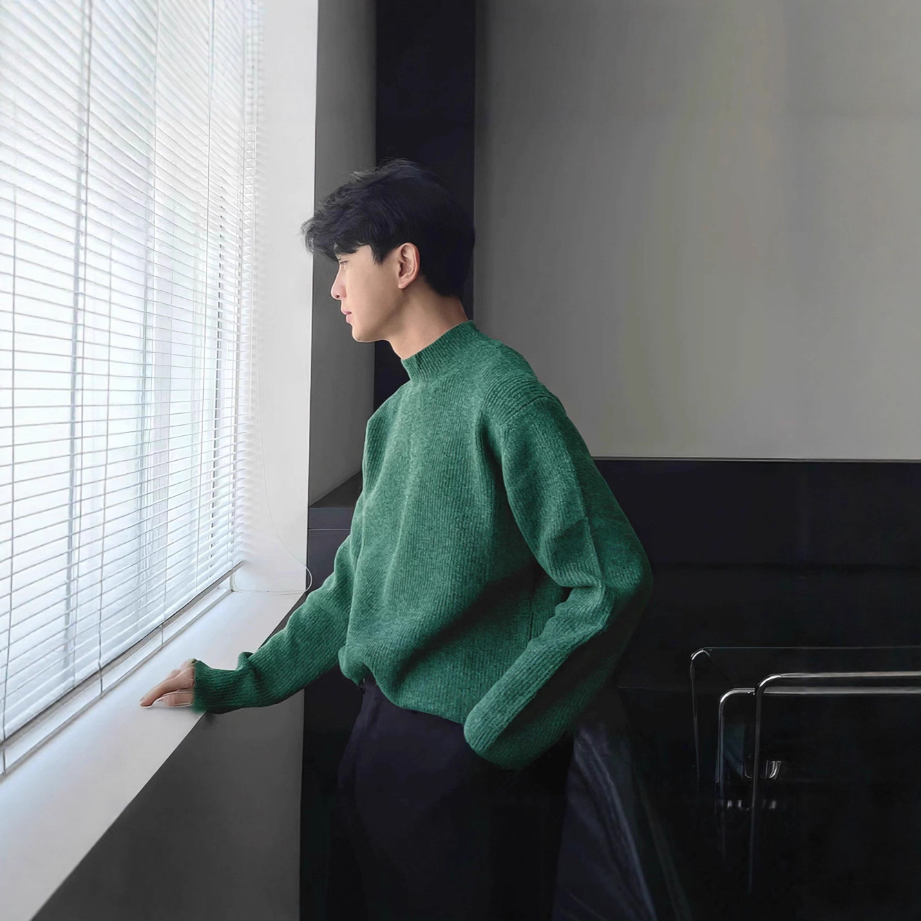 Green Core-Spun Yarn Knitwear Men's Half Turtleneck Slim Long-Sleeved Sweatshirt Thin Modal Mid-Collar Bottoming Cardigan