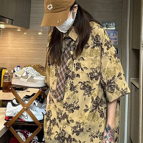 Men's Summer Band Collar Floral Short-Sleeve Shirt, Loose Fit, 300 Pounds Plus Size, Hip-Hop Stylish, Hawaii Beach Top