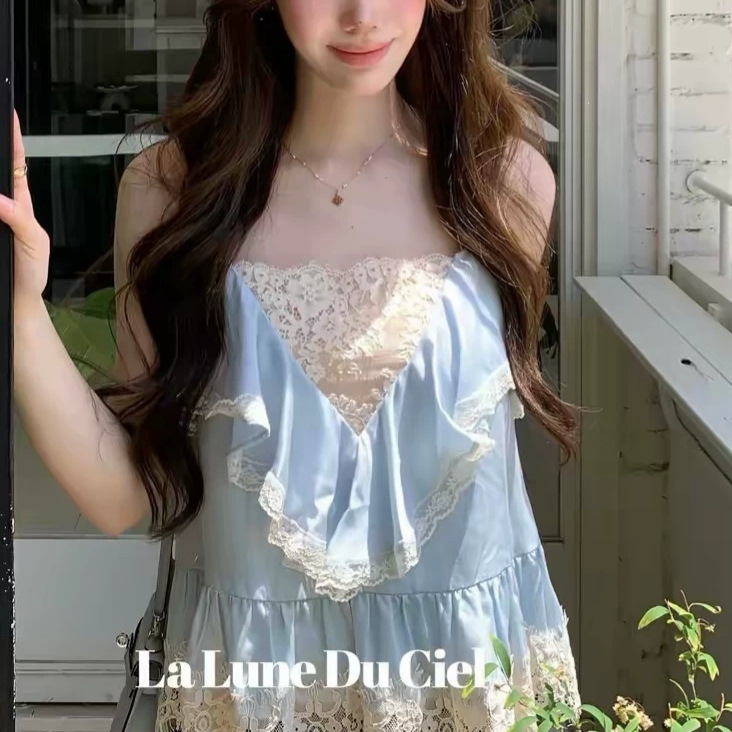 Gentle Temperament, Sea at Dawn, First Love Feeling, Lyocell Satin Lace Trim Camisole for Women Gentle Temperament, Sea at Dawn, First Love Feeling, Lyocell Satin Lace Trim Camisole for Women