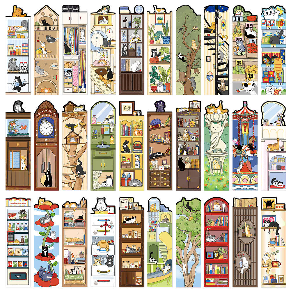 30개 고양이 세계 책갈피 테두리 없는 특수 모양 책갈피로 책 장식, 책 표시, 카드 묶기, 작은 카드 읽기